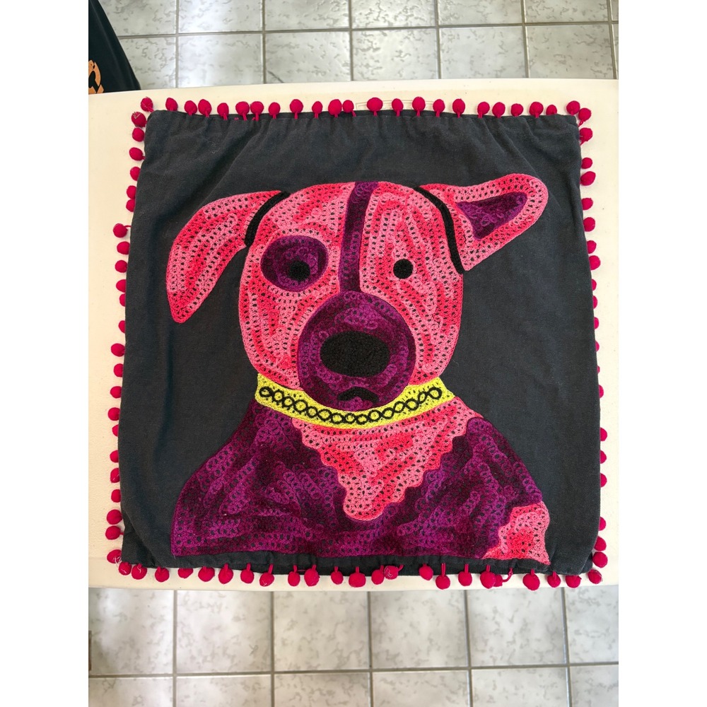 Tesoros Handmade India Cotton Dog Pillow Cover Pink‎ Pom Pom Trim Black